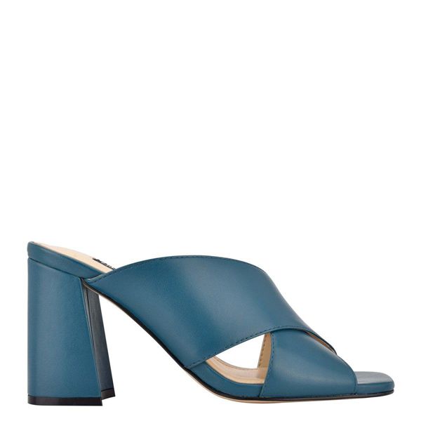 Nine West Gigi Block Heel Blue Slides | Ireland 47M62-6P34